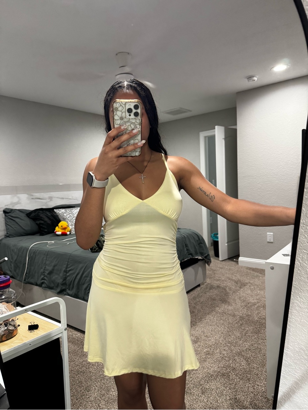 Charlotte Russe pale yellow ruched drop-waist mini dress